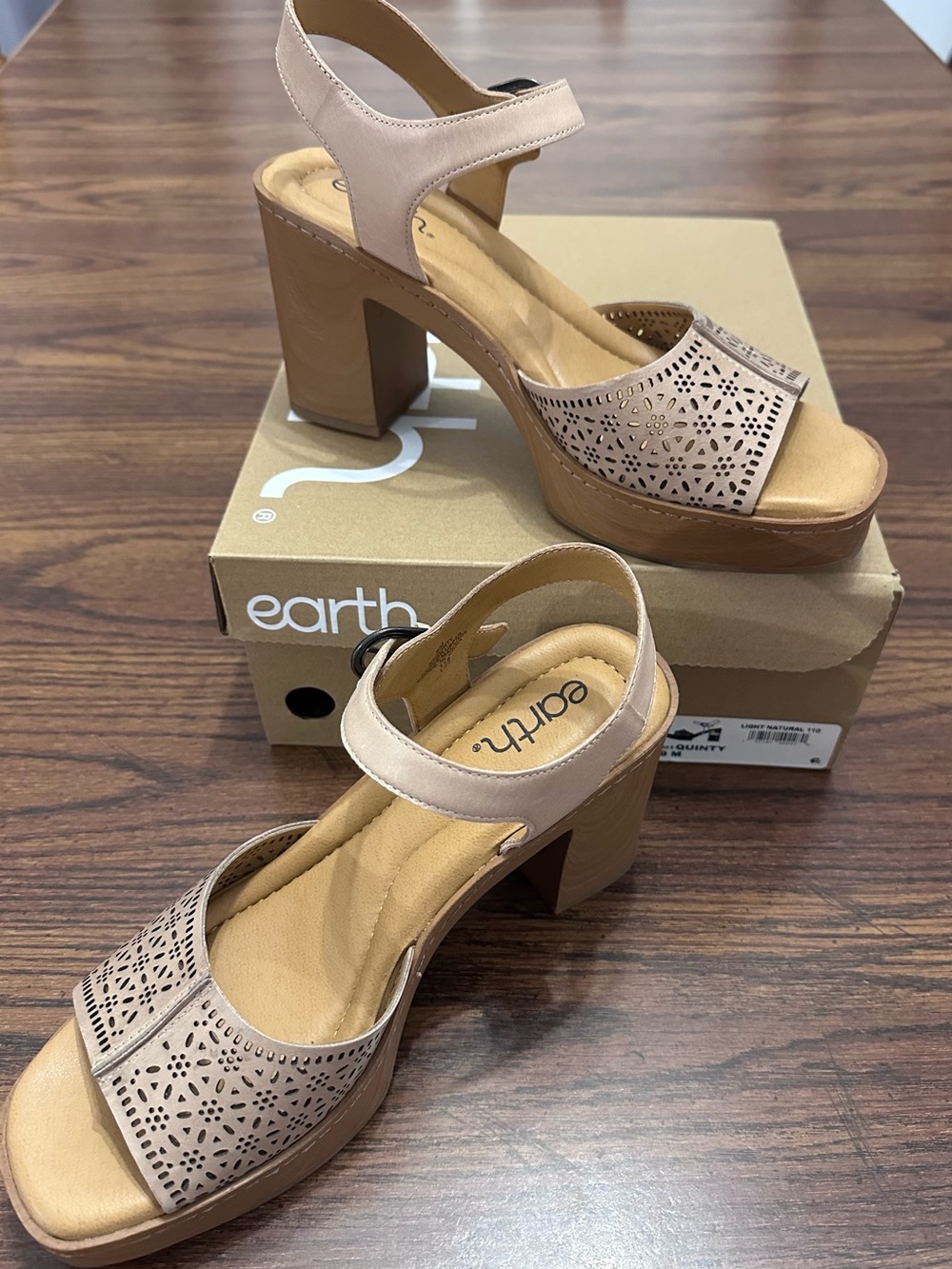 NIB Earth Quinty Platform Sandals in Light Natural with Laser-Cut Upper